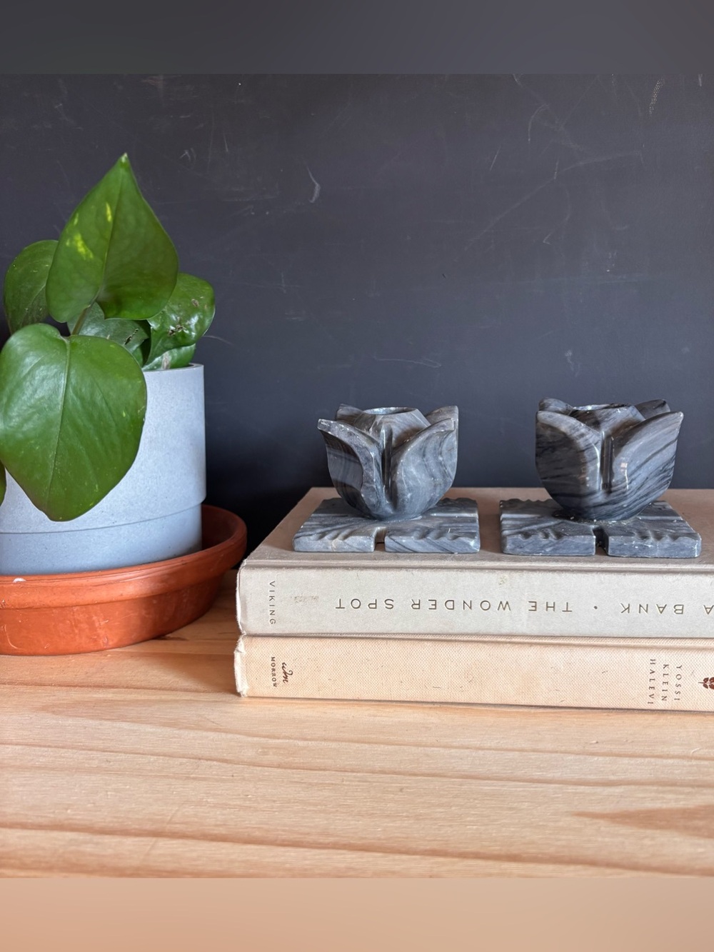 Pair Vintage Carved Marble Lotus Flower Candle Holders Gray Stone 3" Decor